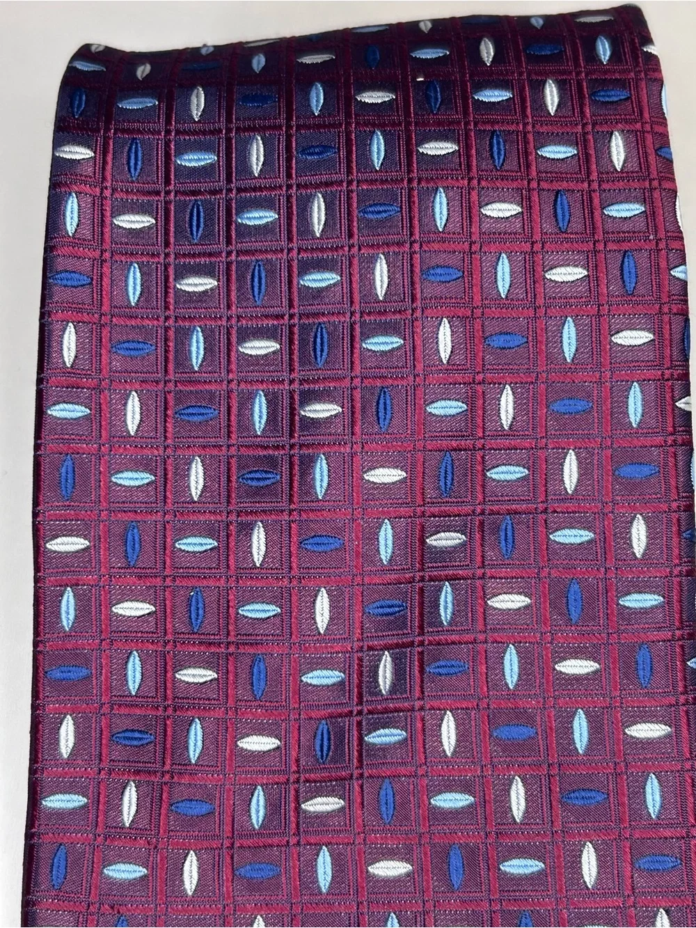 Equestrian Firenze 100% Silk Tie Made in Italy Burgundy Blue Geometric